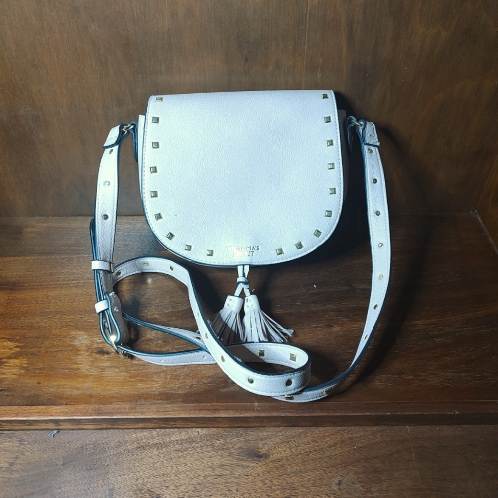 SOLD! Victoria's Secret Blush Crossbody Saddle Bag Purse Pink Studded Tassels
